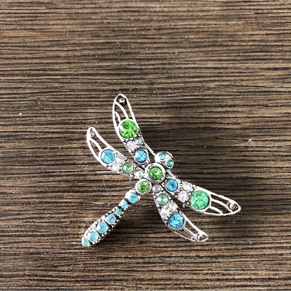 Green and blue rhinestone large dragonfly brooch